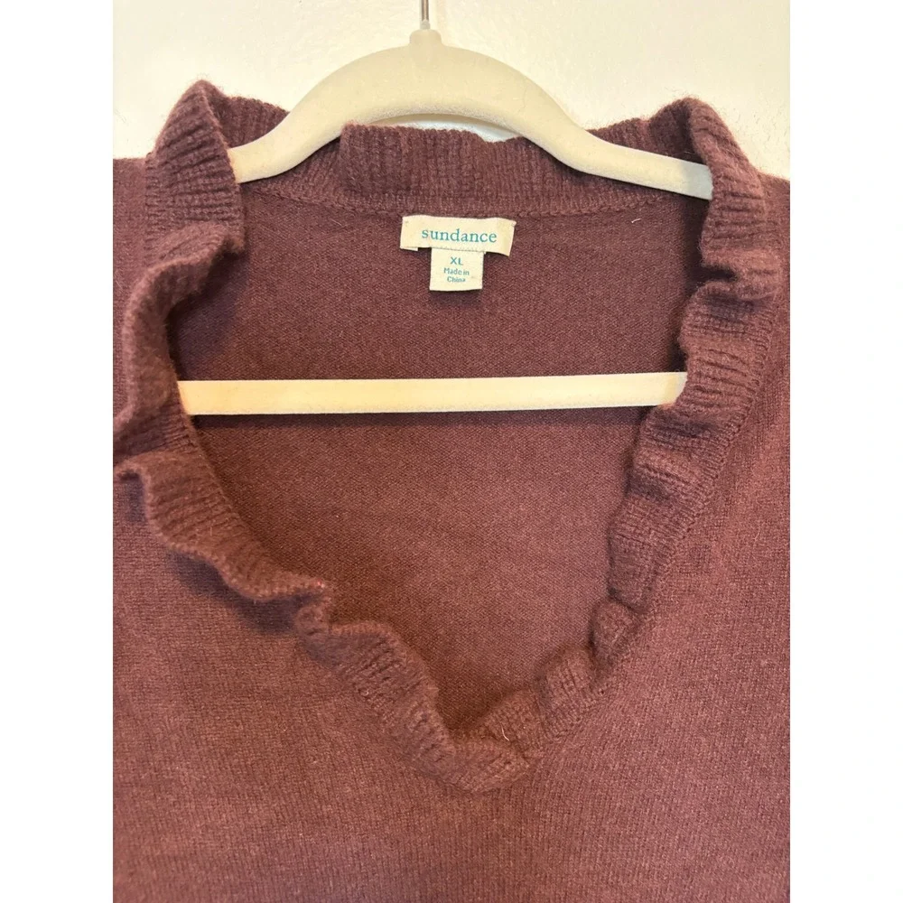 Sundance Burgundy Ruffle V Neck, Ruffle Cuff, Cashmere‎ Sweater Women's XL - Picture 3 of 5